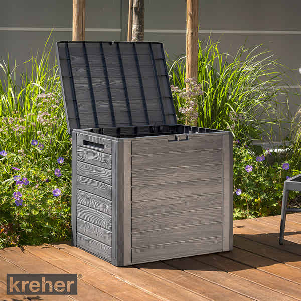 Kreher Kissenbox 170L – Wetterfeste Gartenbox In Holzoptik, Anthrazit, Als Sitzbank Nutzbar, Abschließbar, Werkzeugloser Aufbau