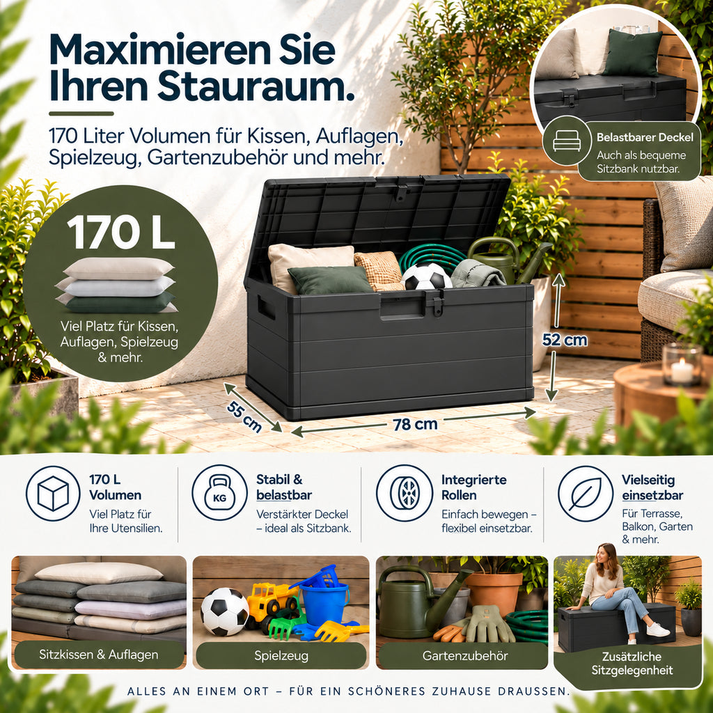 XXL Kissenbox 170 Liter (Holz Optik) in Anthrazit – Kreher Technik
