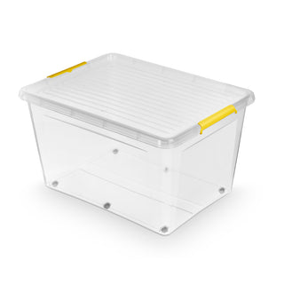 Aufbewahrungsbox 'Simple Store' mit Deckel transparent - stapelbare Kunststoffbox mit Rollen & Clips - 80 Liter (Set wählbar)
