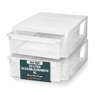 Set: 2 x Schubladenbox 52 Größe XL, 22 Liter - extra tief und halbhoch (weiss, transparent)
