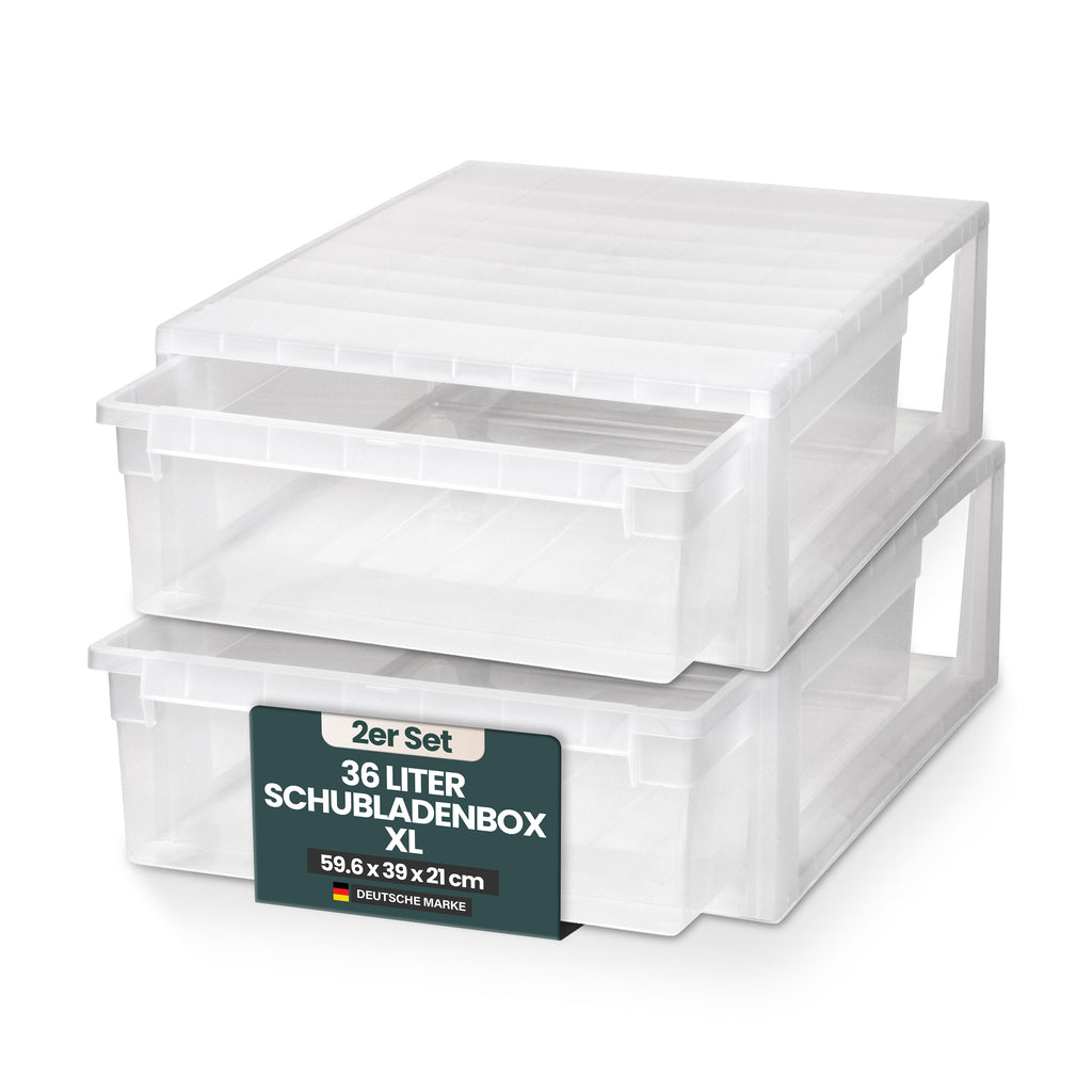 Set: 2 x Schubladenbox Größe XL, Volumen 36 Liter (weiss, transparent) – Kreher Technik