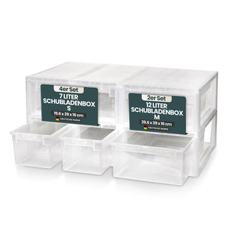 Bundle: 2 x Schubladenbox Größe M (12 Liter) + 4 x Größe S (7 Liter)
