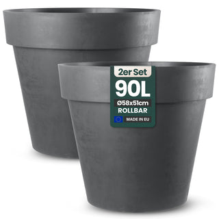 2 x XL Pflanzkübel / Pflanztopf „LIKE“ Ø 58 x H 51 cm - Anthrazit - Rund, Rollbar - UV- & Wetterfest - Robuster Blumentopf in Natur Stein Optik
