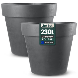 2 x XXL Pflanzkübel / Pflanztopf „LIKE“ Ø 79 x H 69 cm - Anthrazit - Rund, Rollbar - in Natur Stein Optik