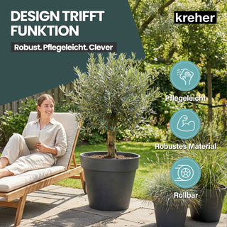 2 x XL Pflanzkübel / Pflanztopf „LIKE“ Ø 58 x H 51 cm - Anthrazit - Rund, Rollbar - UV- & Wetterfest - Robuster Blumentopf in Natur Stein Optik