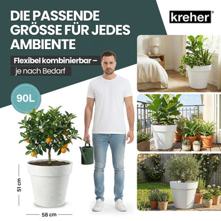 XL Pflanzkübel / Pflanztopf „LIKE“ Ø 58 x H 51 cm - Weiß - Rund, Rollbar - UV- & Wetterfest - Robuster Blumentopf in Natur Stein Optik