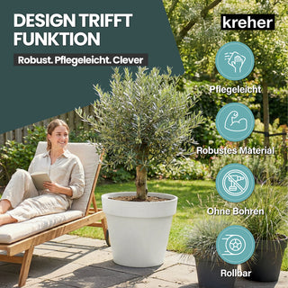 XL Pflanzkübel / Pflanztopf „LIKE“ Ø 58 x H 51 cm - Weiß - Rund, Rollbar - UV- & Wetterfest - Robuster Blumentopf in Natur Stein Optik
