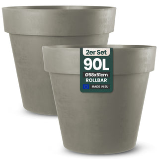 2 x XL Pflanzkübel / Pflanztopf „LIKE“ Ø 58 x H 51 cm - Braun - Rund, Rollbar - UV- & Wetterfest - Robuster Blumentopf in Natur Stein Optik