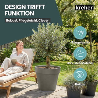 2 x XL Pflanzkübel / Pflanztopf „LIKE“ Ø 58 x H 51 cm - Braun - Rund, Rollbar - UV- & Wetterfest - Robuster Blumentopf in Natur Stein Optik