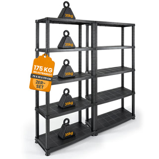 2 x Schwerlastregal „Evo“ mit 5 Böden - 35 kg pro Boden - Schwarz