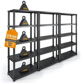 3 x Schwerlastregal „Evo“ mit 5 Böden - 35 kg pro Boden - Schwarz