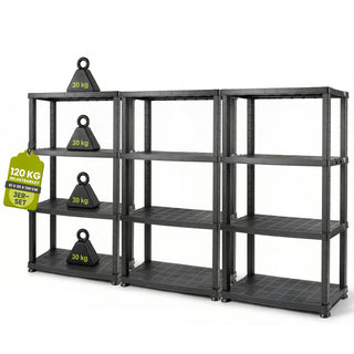 3 x Kunststoffregal „Neo“ mit 4 Böden - 30 kg pro Boden - Schwarz