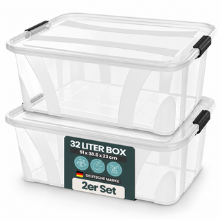 2 x Aufbewahrungsbox 'Master' Box mit Deckel - 32 Liter Volumen, in Transparent