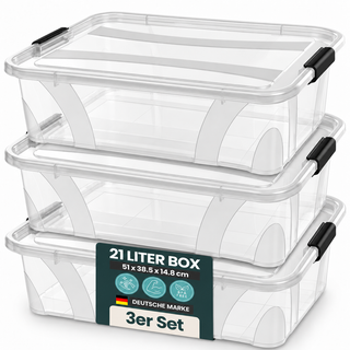 3 x Aufbewahrungsbox 'Master' Box mit Deckel - 21 Liter Volumen, in Transparent