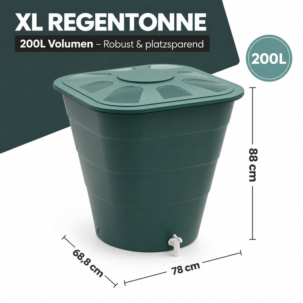 XL Wassertonne 200 Liter mit Deckel und Hahn, eckiges Format in Grün – Kreher Technik