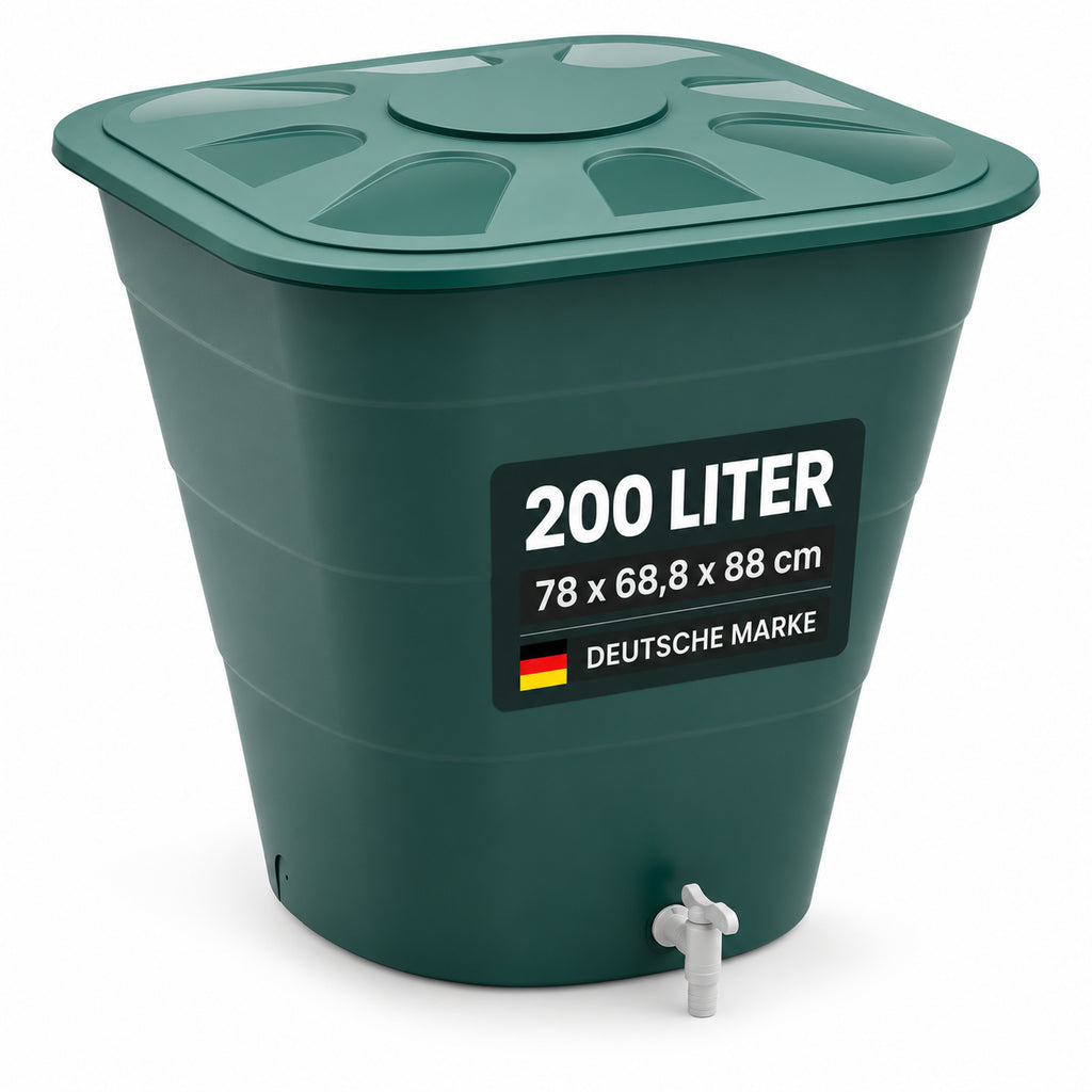 XL Wassertonne 200 Liter mit Deckel und Hahn, eckiges Format in Grün – Kreher Technik
