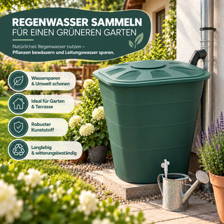 XL Wassertonne 200 Liter mit Deckel und Hahn, eckiges Format in Grün