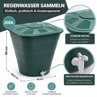 XL Wassertonne 200 Liter mit Deckel und Hahn, eckiges Format in Grün