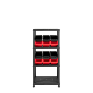 Kunststoffregal 12" Q-Brick mit 4 Böden in Schwarz und Lagerboxen (Set wählbar)