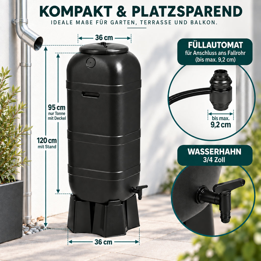 100 Liter Regentonne mit Standfuß, Füllautomat und Wasserhahn (Schwarz – Kreher Technik