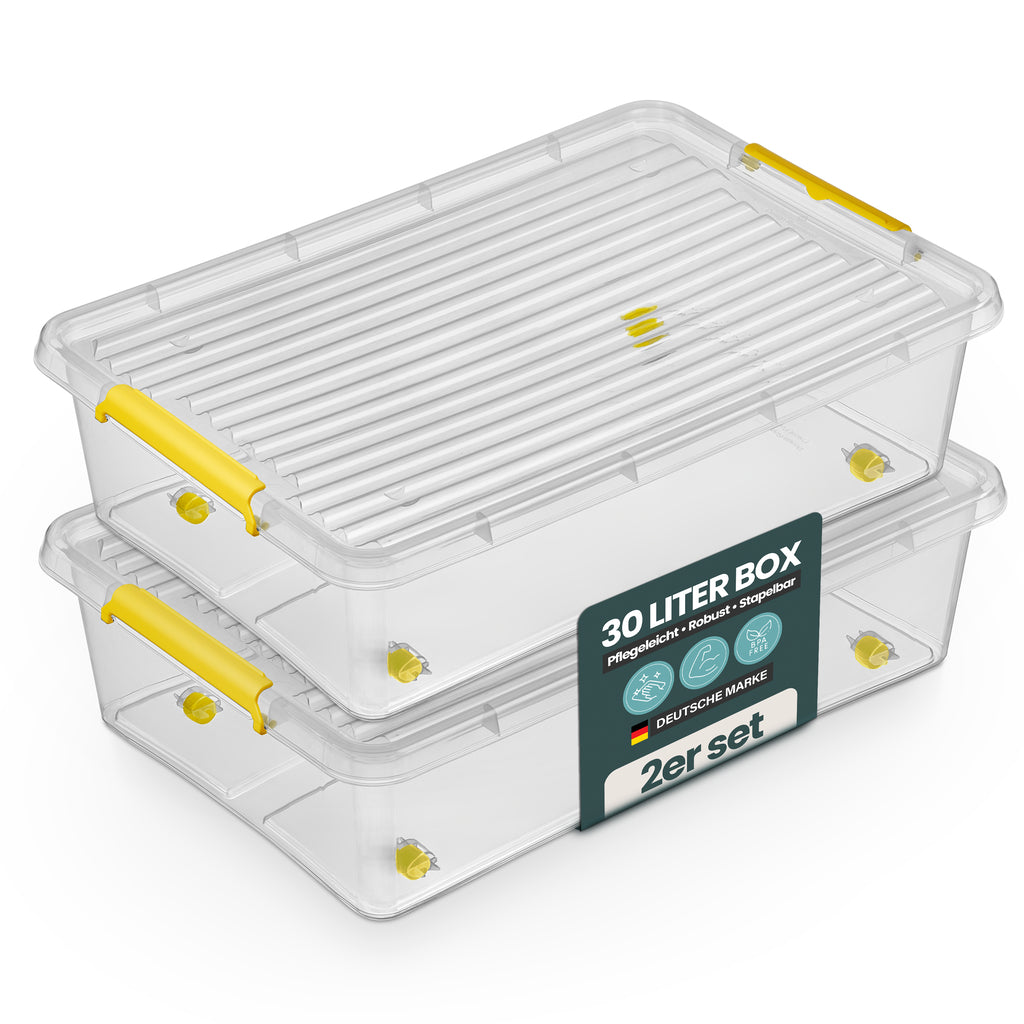 Aufbewahrungsbox 'Simple Store' mit Deckel transparent - stapelbare Kunststoffbox mit Rollen & Clips