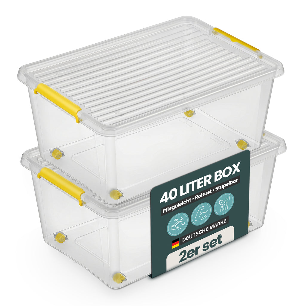 Aufbewahrungsbox 'Simple Store' mit Deckel transparent - stapelbare Kunststoffbox mit Rollen & Clips