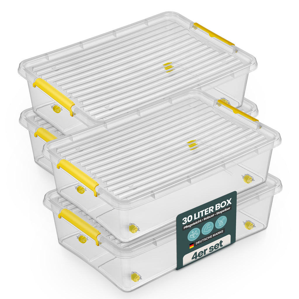 Aufbewahrungsbox 'Simple Store' mit Deckel transparent - stapelbare Kunststoffbox mit Rollen & Clips