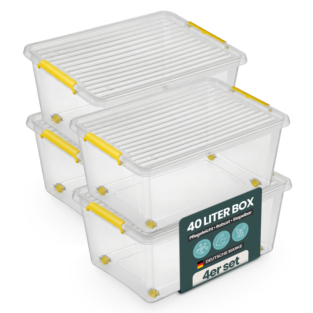 Aufbewahrungsbox 'Simple Store' mit Deckel transparent - stapelbare Kunststoffbox mit Rollen & Clips