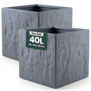 2 x Pflanzkübel 'Riven' in Anthrazit - Blumentopf aus Kunststoff - Steinoptik - frostfest & UV-beständig - 40x40x40 cm