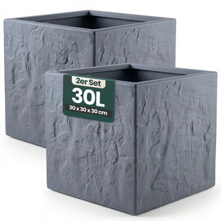 2 x Pflanzkübel 'Riven' in Anthrazit - Blumentopf aus Kunststoff - Steinoptik - frostfest & UV-beständig - 30x30x30 cm