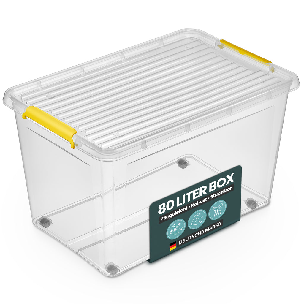 Aufbewahrungsbox 'Simple Store' mit Deckel transparent - stapelbare Kunststoffbox mit Rollen & Clips