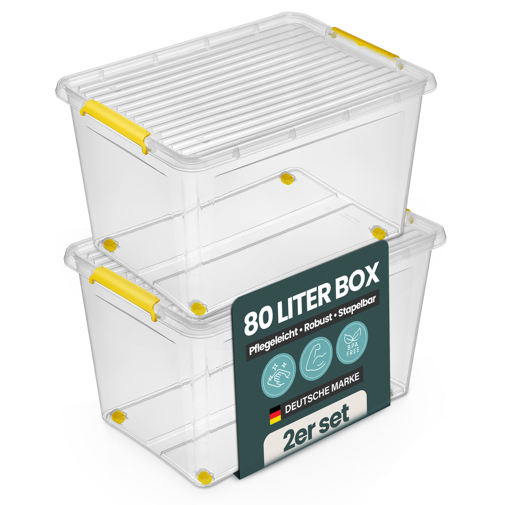 Aufbewahrungsbox 'Simple Store' mit Deckel transparent - stapelbare Kunststoffbox mit Rollen & Clips
