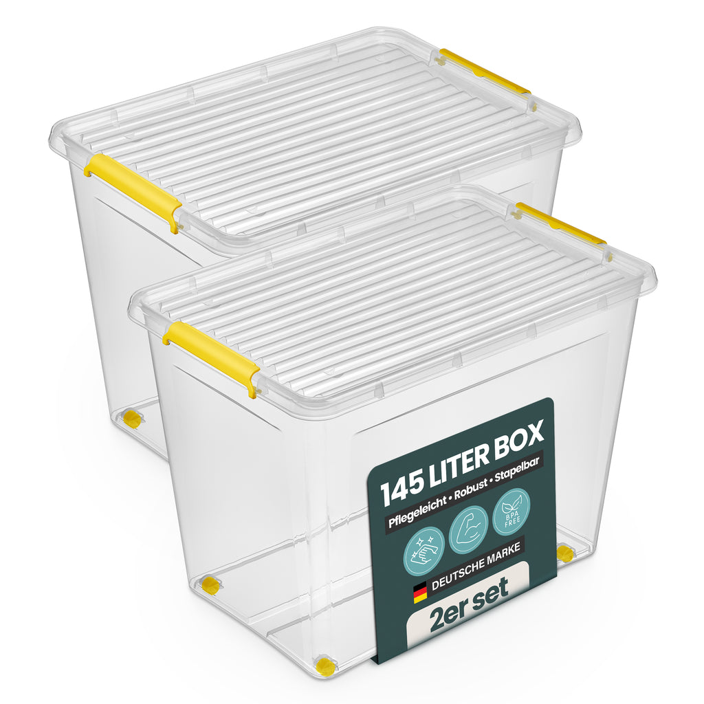 Aufbewahrungsbox 'Simple Store' mit Deckel transparent - stapelbare Kunststoffbox mit Rollen & Clips