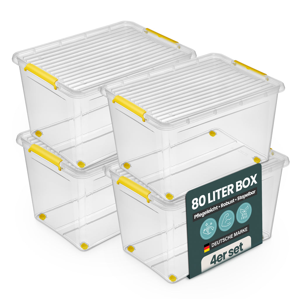 Aufbewahrungsbox 'Simple Store' mit Deckel transparent - stapelbare Kunststoffbox mit Rollen & Clips