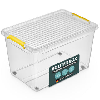 Aufbewahrungsbox 'Simple Store' mit Deckel transparent - stapelbare Kunststoffbox mit Rollen & Clips - 80 Liter (Set wählbar)