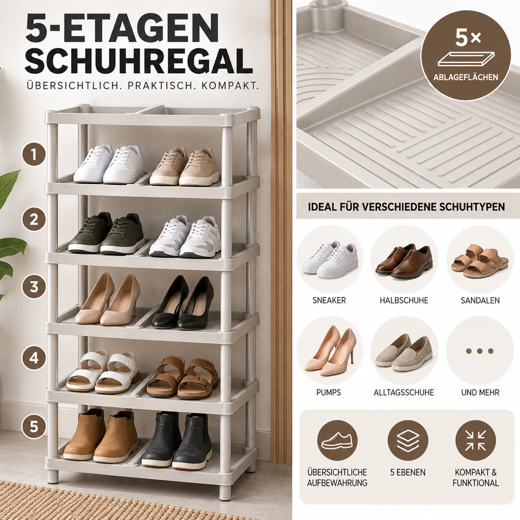 Schuhregal 5 Etagen Beige aus robustem Kunststoff – Kreher Technik