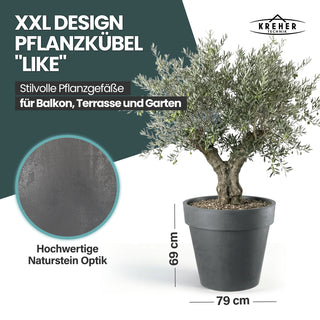 2 x XXL Pflanzkübel / Pflanztopf „LIKE“ Ø 79 x H 69 cm - Anthrazit - Rund, Rollbar - in Natur Stein Optik