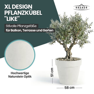 2 x XL Pflanzkübel / Pflanztopf „LIKE“ Ø 58 x H 51 cm - Weiß - Rund, Rollbar - in Natur Stein Optik