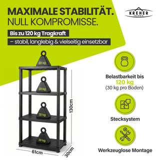 Kunststoffregal „Neo“ mit 4 Böden - 30 kg pro Boden - Schwarz