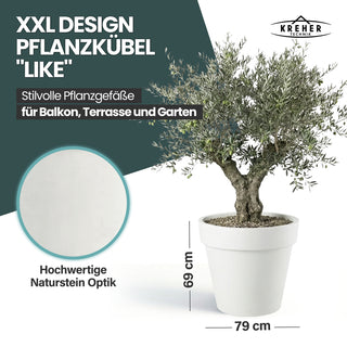 XXL Pflanzkübel / Pflanztopf „LIKE“ Ø 79 x H 69 cm - Weiß - Rund, Rollbar - in Natur Stein Optik