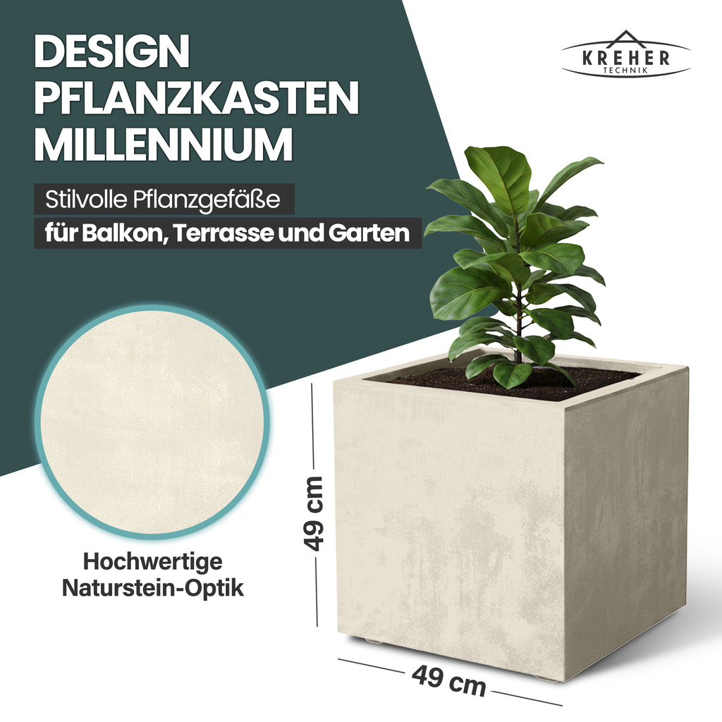 2 x Pflanzkübel 'Millennium' 80 Liter, eckig in Creme Weiß – Kreher Technik