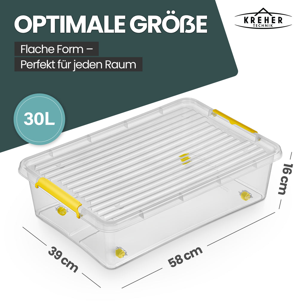Aufbewahrungsbox 'Simple Store' mit Deckel transparent - stapelbare Kunststoffbox mit Rollen & Clips