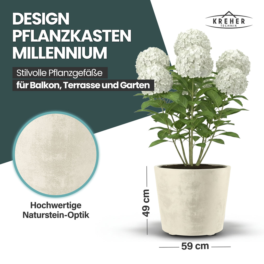 2 x Pflanzkübel 'Millennium' 80 Liter, rund in Creme Weiß – Kreher Technik