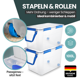 Wasserdichte Box (IP67) mit Deckel und Rollen 100 Liter Volumen (Set wählbar)