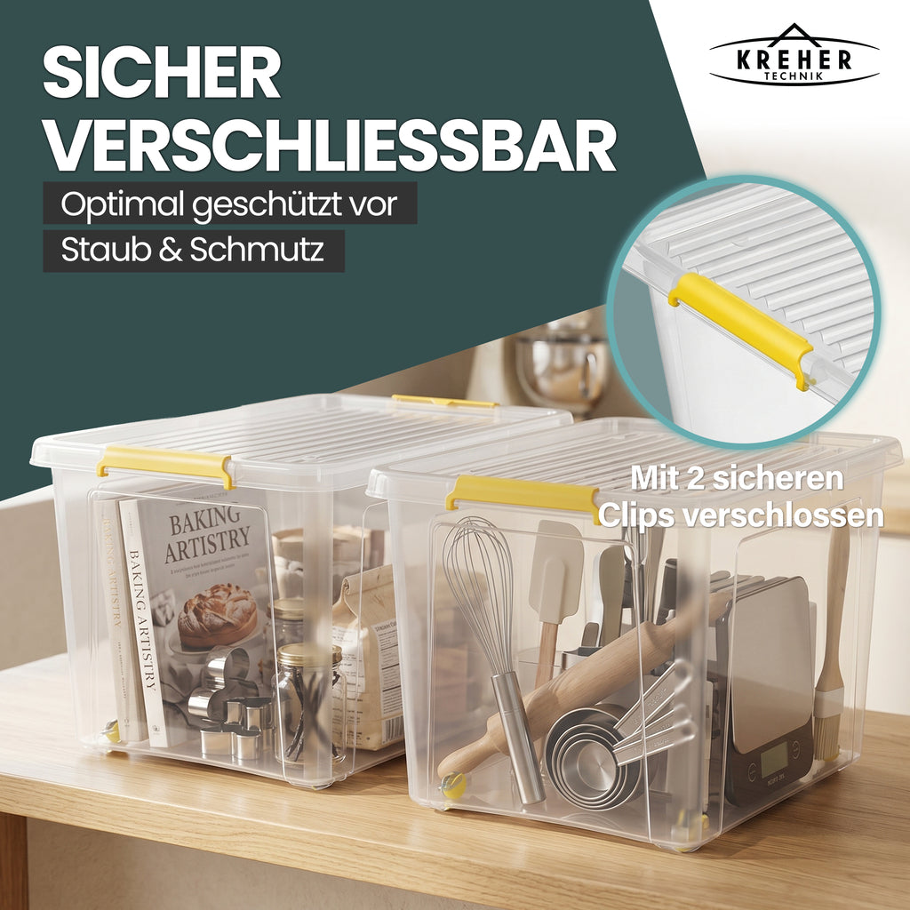 Aufbewahrungsbox 'Simple Store' mit Deckel transparent - stapelbare Kunststoffbox mit Rollen & Clips