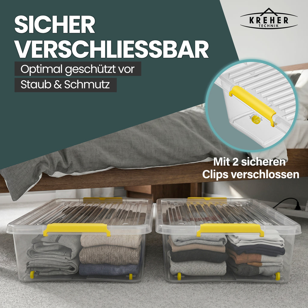 Aufbewahrungsbox 'Simple Store' mit Deckel transparent - stapelbare Kunststoffbox mit Rollen & Clips