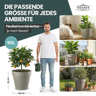 2 x XL Pflanzkübel / Pflanztopf „LIKE“ Ø 58 x H 51 cm - Braun - Rund, Rollbar - in Natur Stein Optik