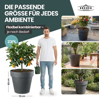 2 x XXL Pflanzkübel / Pflanztopf „LIKE“ Ø 79 x H 69 cm - Anthrazit - Rund, Rollbar - in Natur Stein Optik