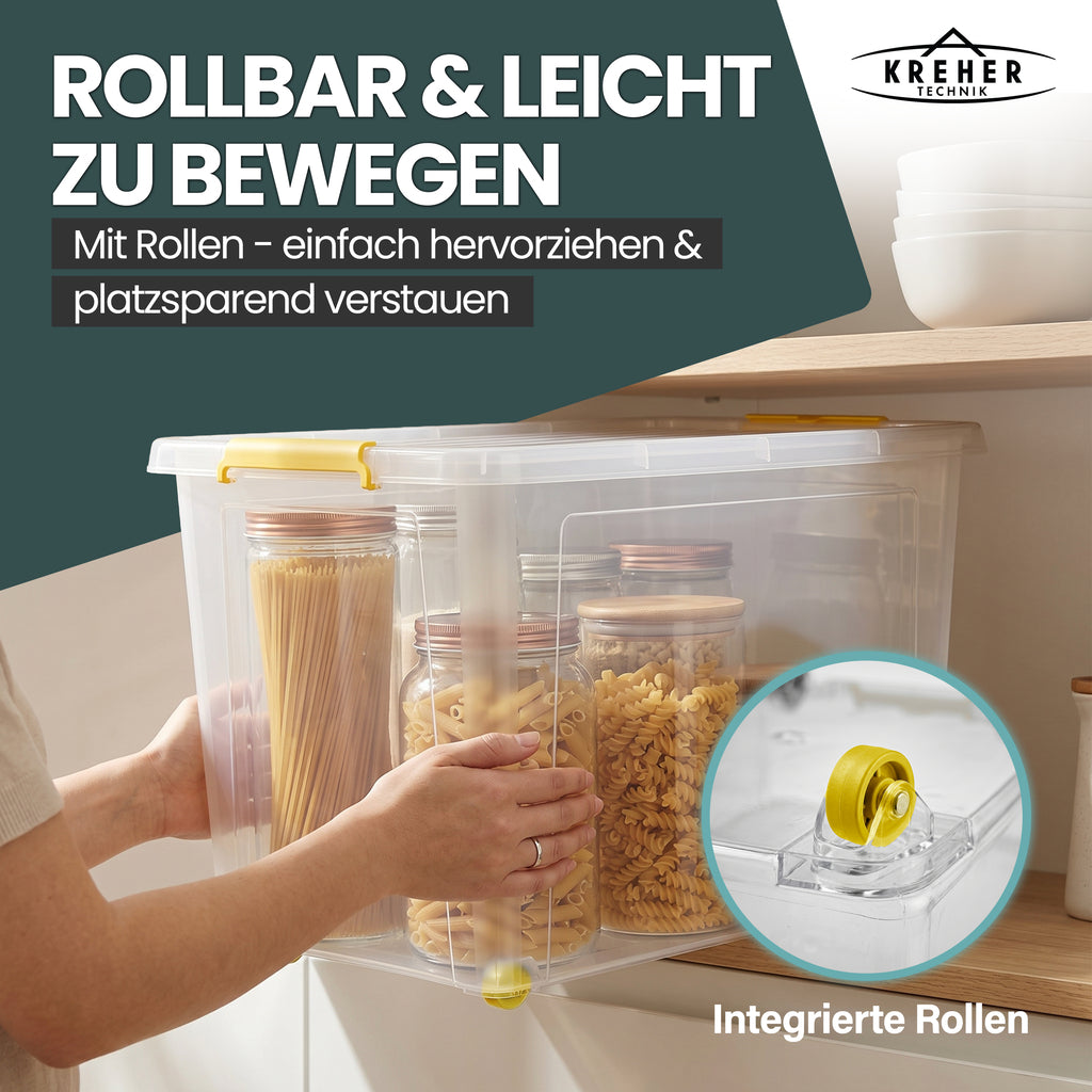 Aufbewahrungsbox 'Simple Store' mit Deckel transparent - stapelbare Kunststoffbox mit Rollen & Clips