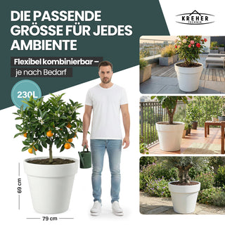 XXL Pflanzkübel / Pflanztopf „LIKE“ Ø 79 x H 69 cm - Weiß - Rund, Rollbar - in Natur Stein Optik
